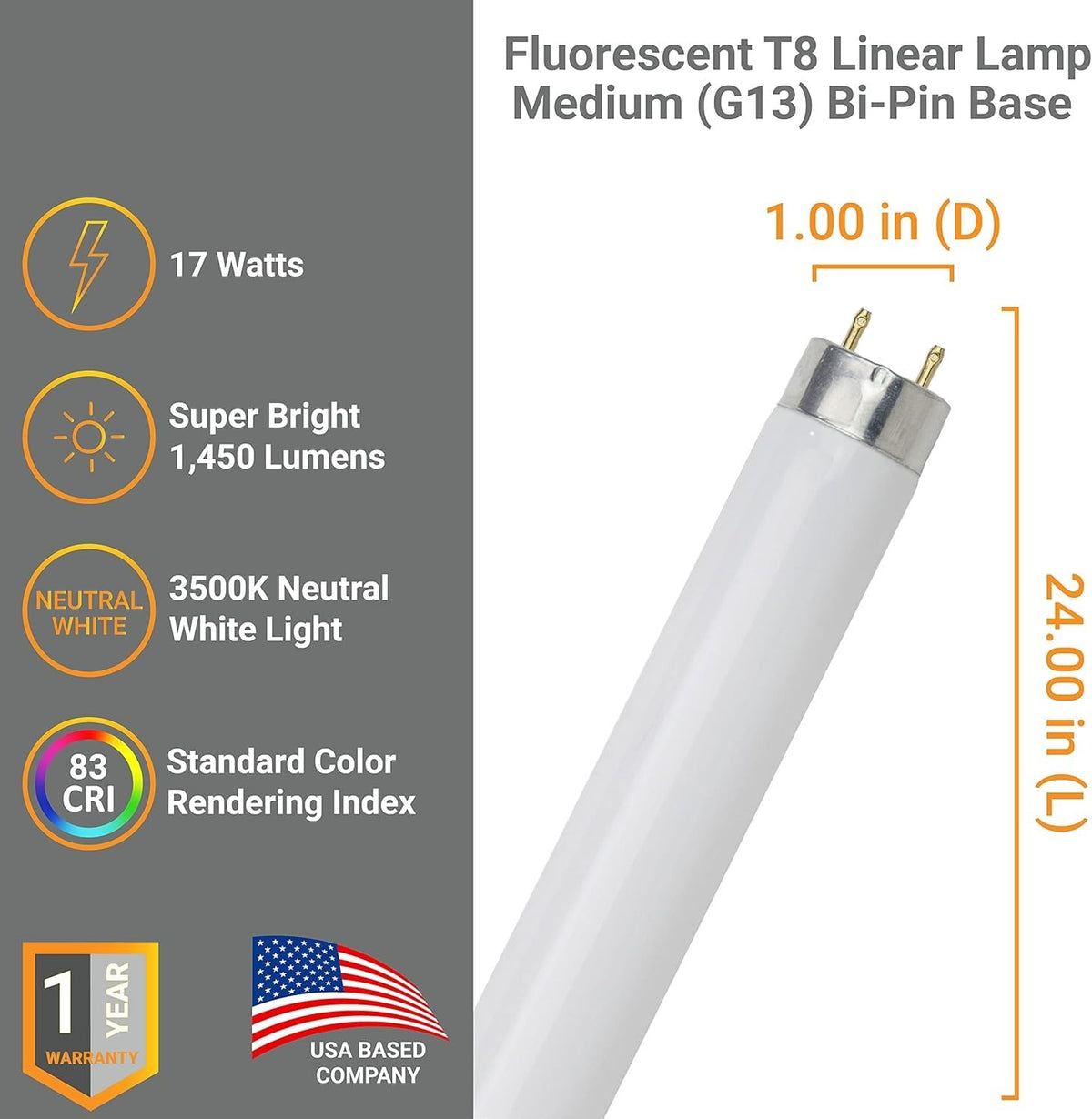 24 Inch T8 Fluorescent Tube Light Bulb 17W 3500K Neutral White G13 Base Pack of 30 B8847