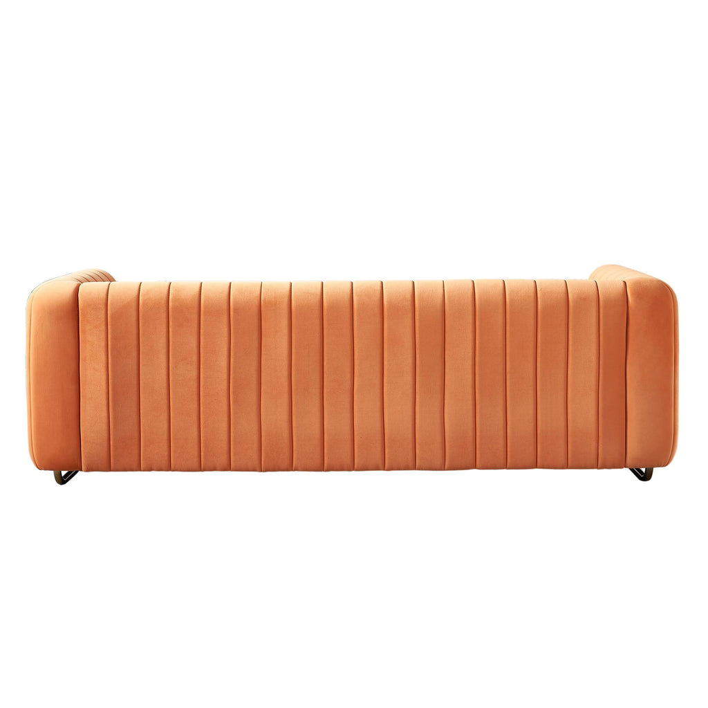 Velvet Sofa Couch, 3-Seater with Channel-Tufted Seats and Gold Steel Legs, Orange H928915