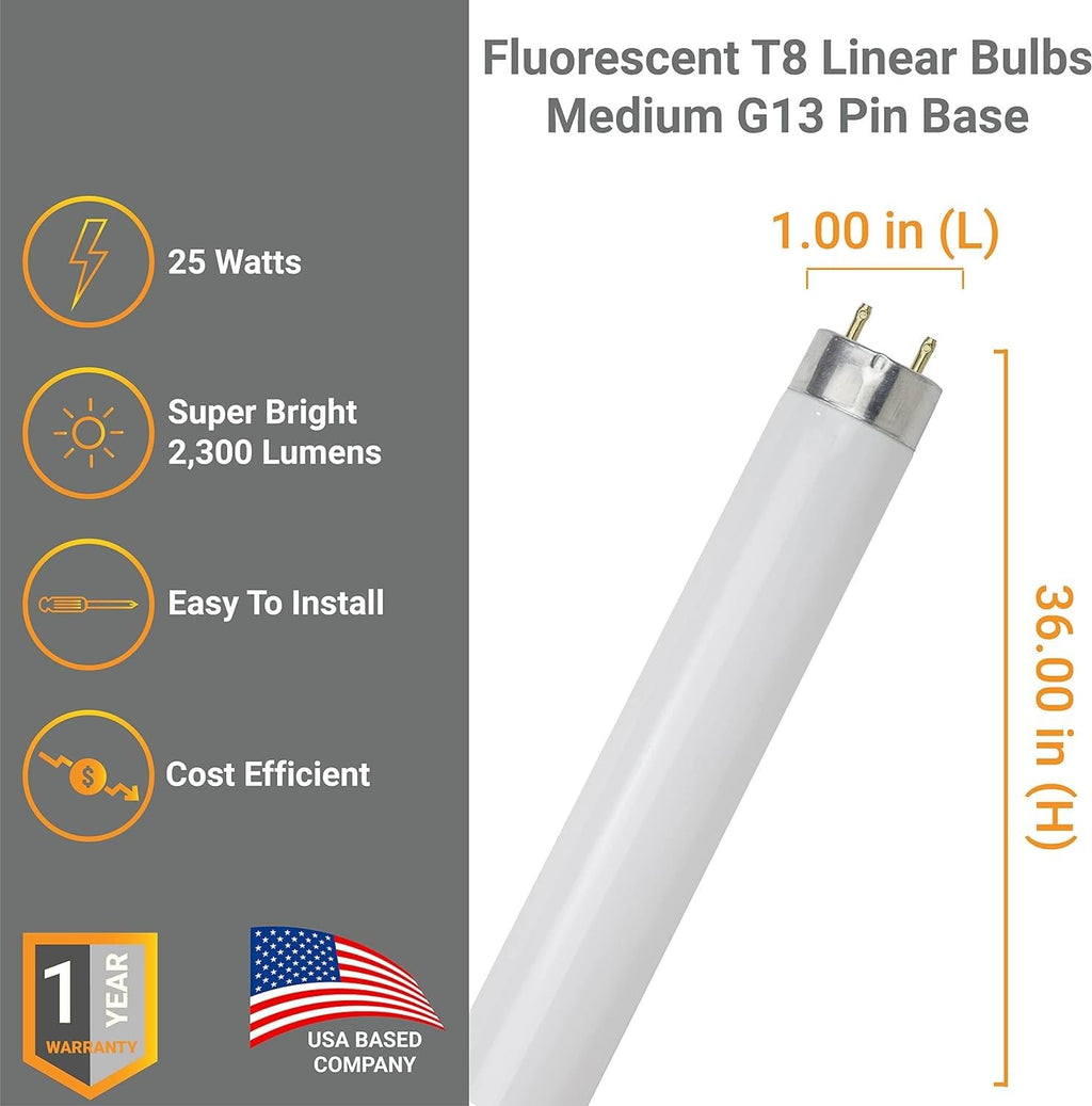 T8 Fluorescent Tube Light Bulb 25W 4100K Cool White G13 Pack of 30 Y710739