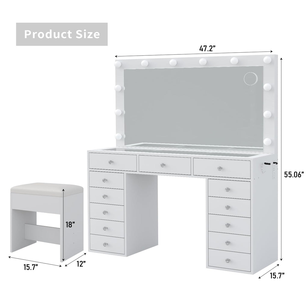 47" White Makeup Vanity with 13 Drawers and HD Mirror Z366