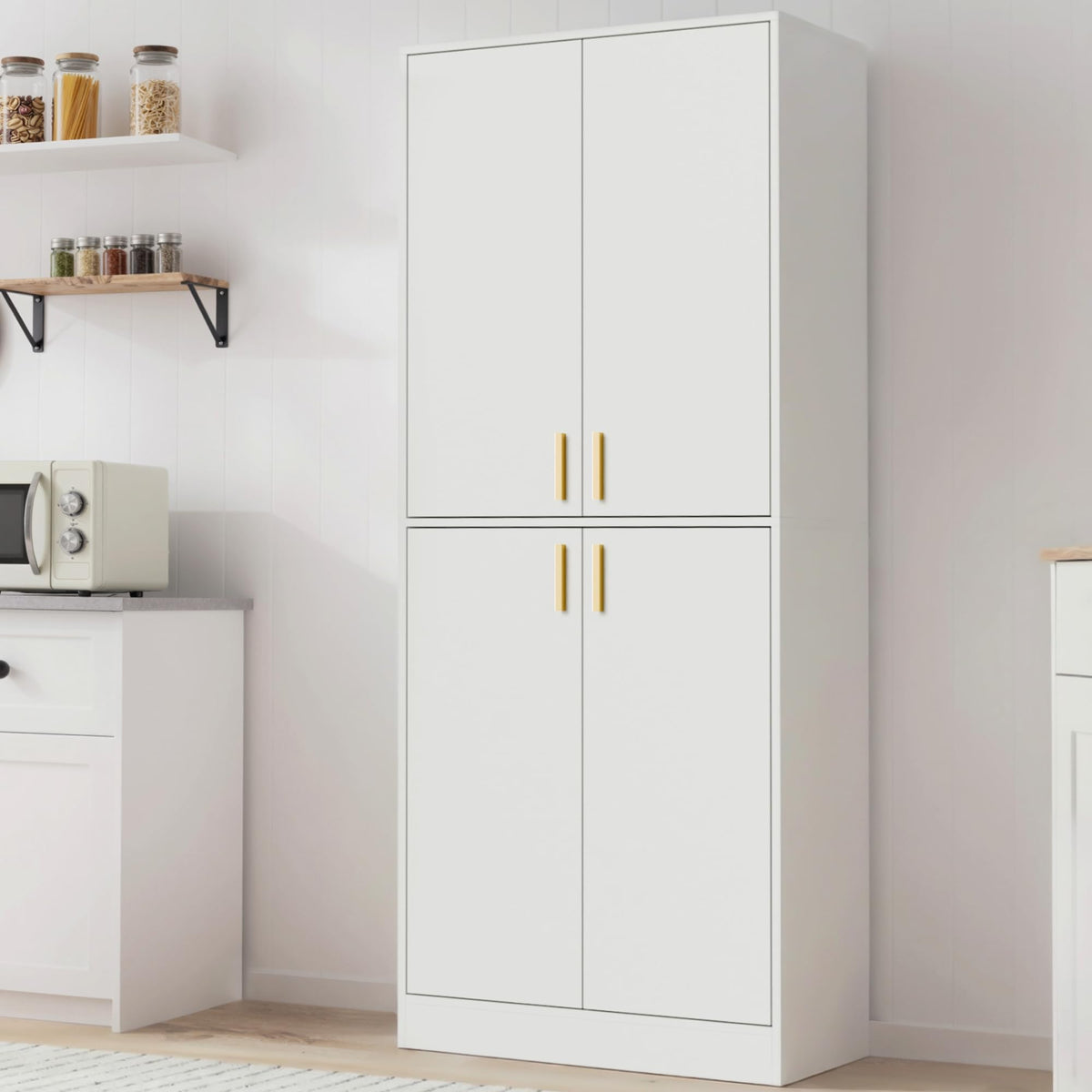 White Wood Storage Cabinet with Doors and Shelves J200