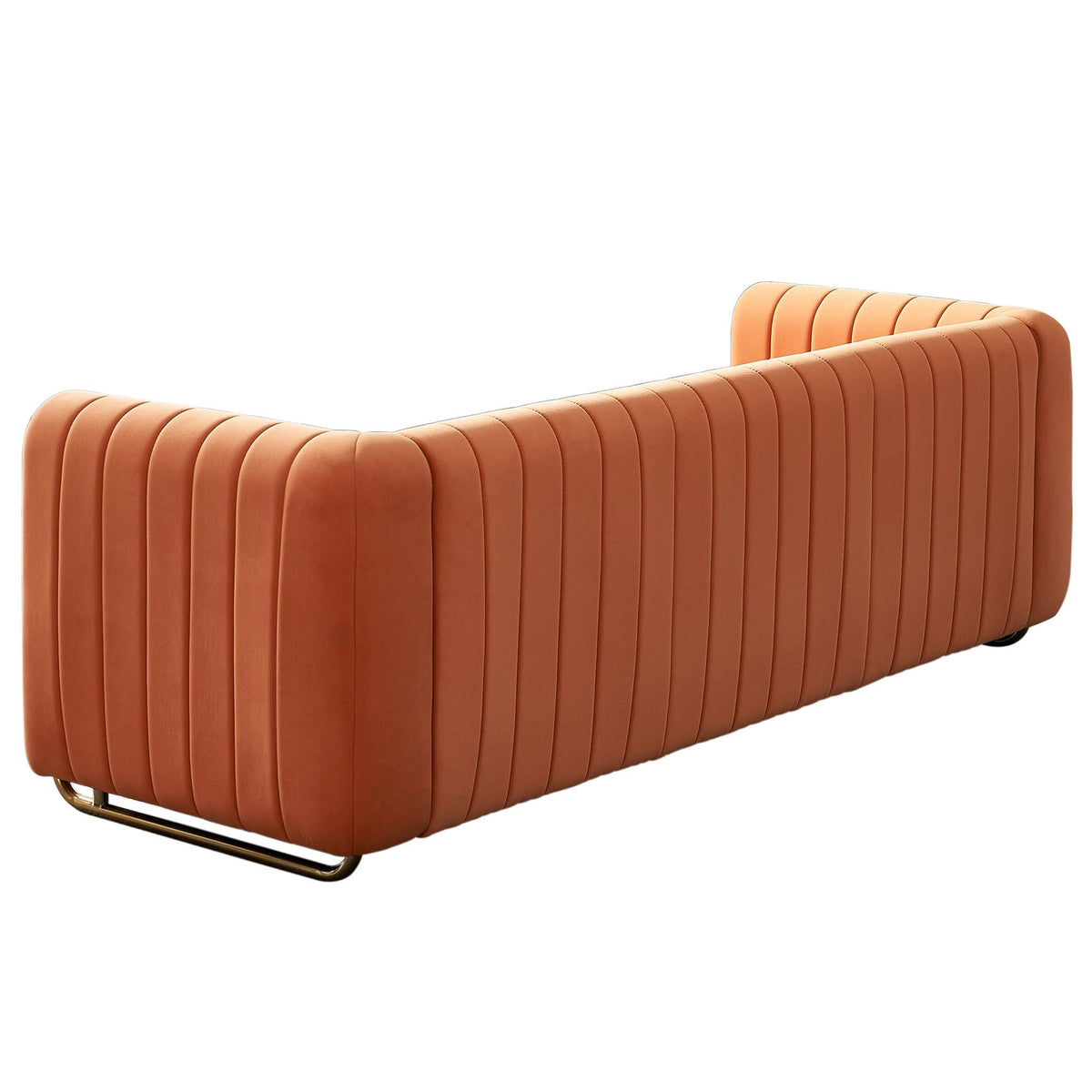 Velvet Sofa Couch, 3-Seater with Channel-Tufted Seats and Gold Steel Legs, Orange H928915