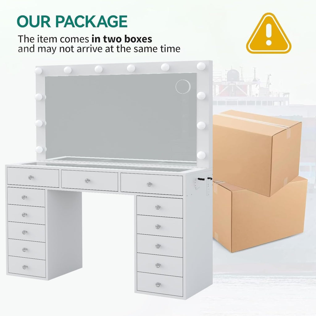 47" White Makeup Vanity with 13 Drawers and HD Mirror Z366