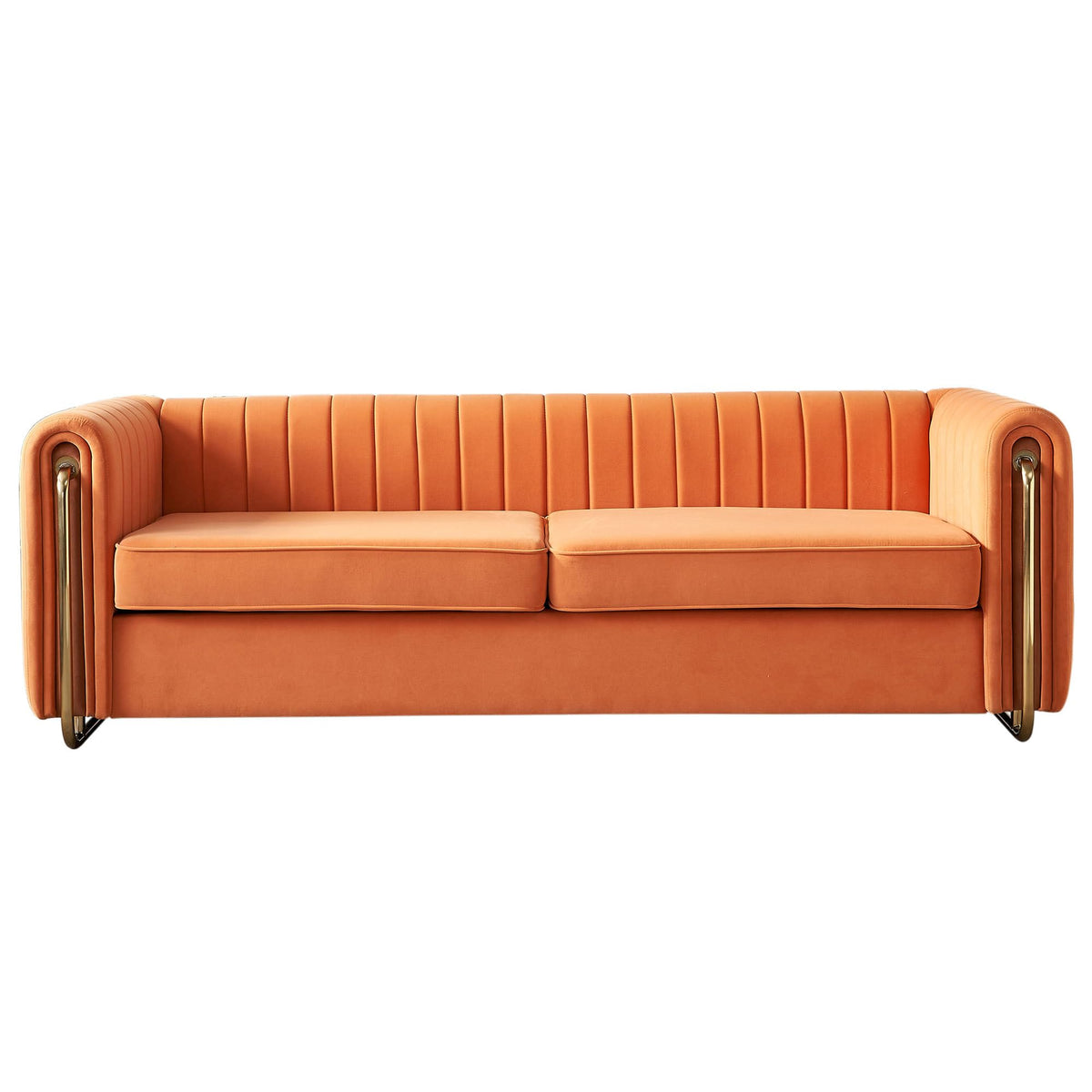 Velvet Sofa Couch, 3-Seater with Channel-Tufted Seats and Gold Steel Legs, Orange H928915