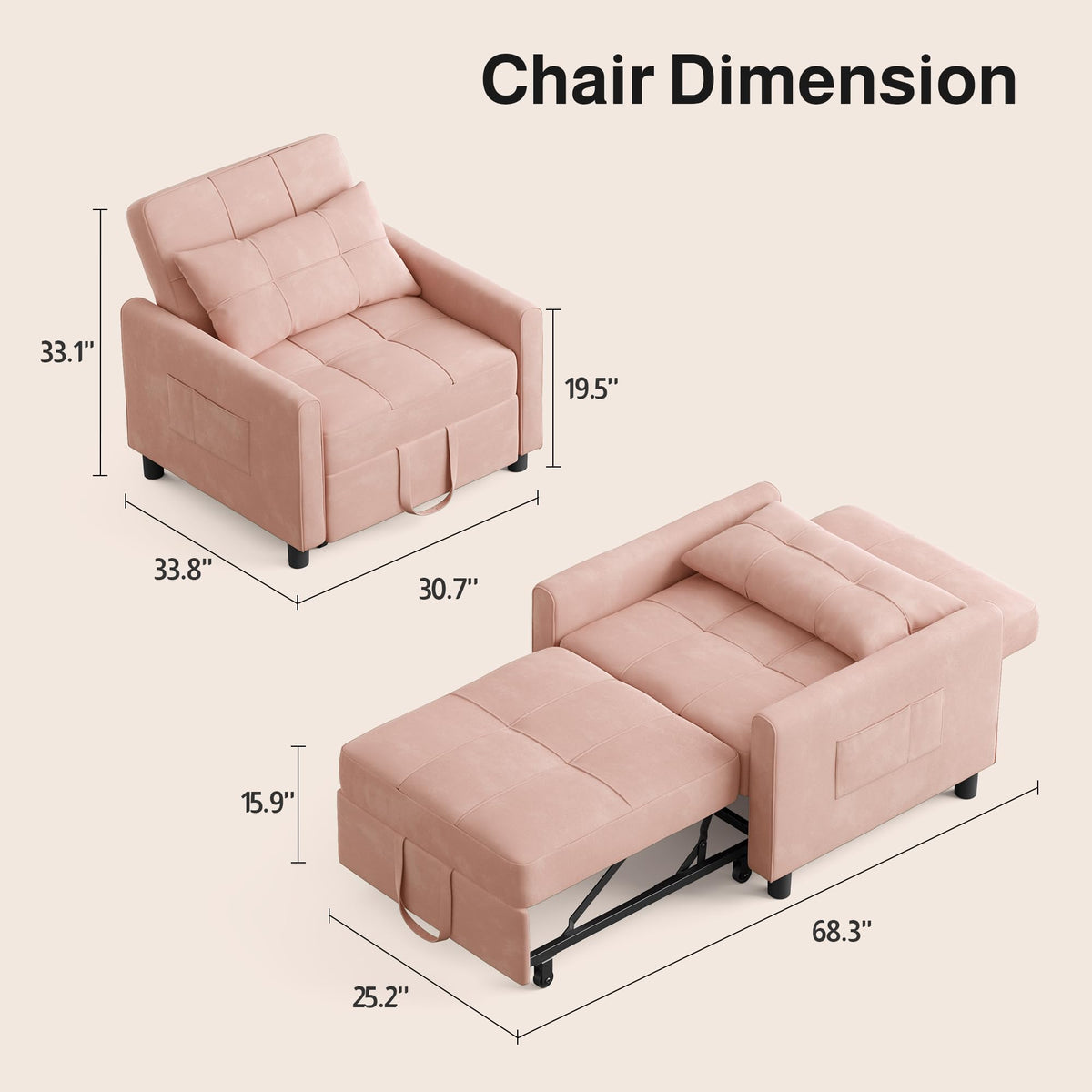 Pink Convertible Sleeper Chair Sofa Bed Z266413