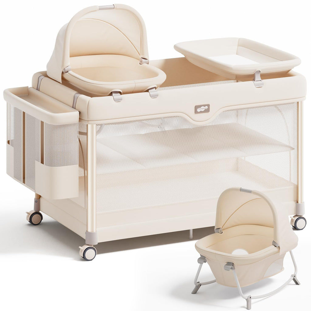 6-in-1 Pack and Play with Bassinet, Portable Playard, Travel Crib with Mattress, Changing Table, Storage Bag & 4 Wheels (Beige) S156