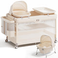 6-in-1 Pack and Play with Bassinet, Portable Playard, Travel Crib with Mattress, Changing Table, Storage Bag & 4 Wheels (Beige) S156