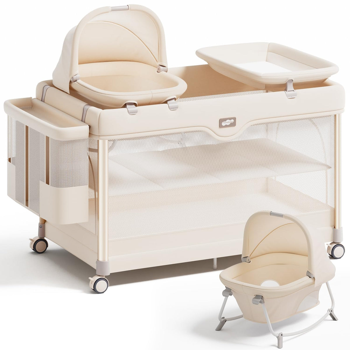 6-in-1 Pack and Play with Bassinet, Portable Playard, Travel Crib with Mattress, Changing Table, Storage Bag & 4 Wheels (Beige) S156