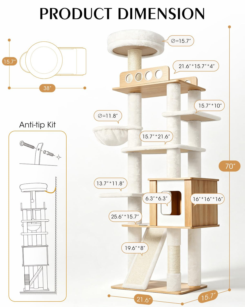 70" Wood Cat Tree for Large Cats U873