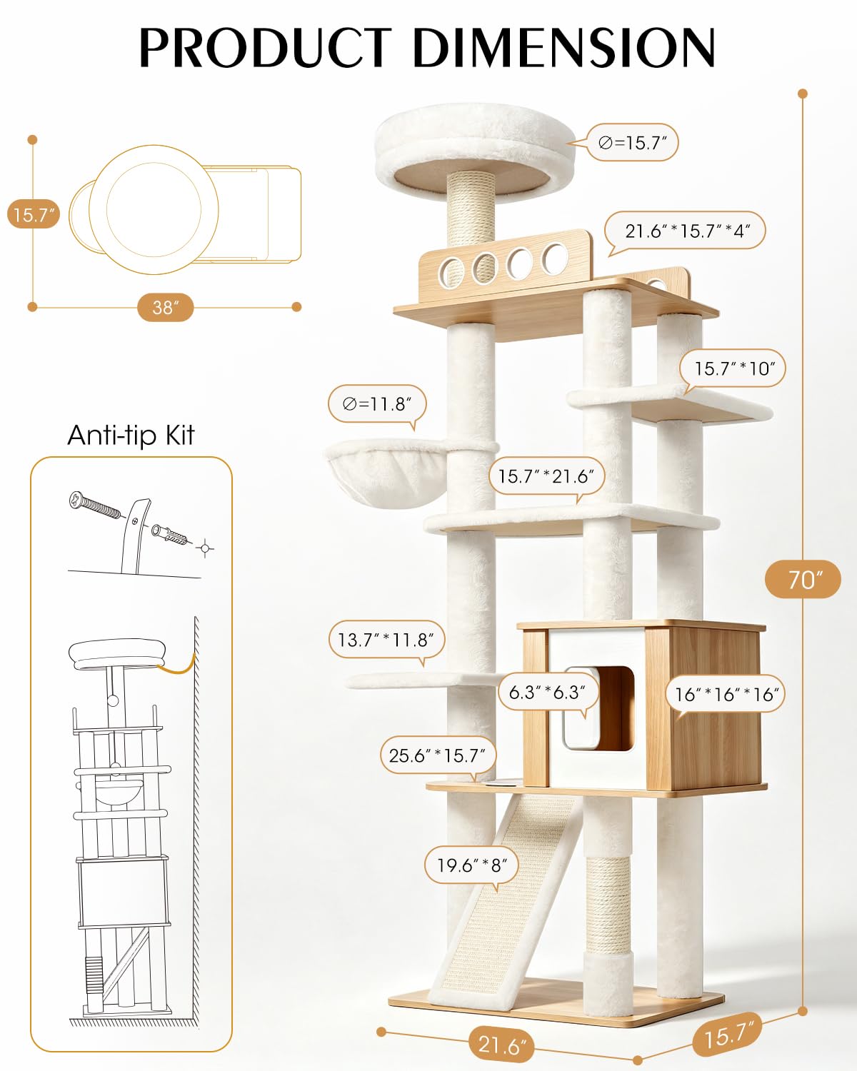 70" Wood Cat Tree for Large Cats U873