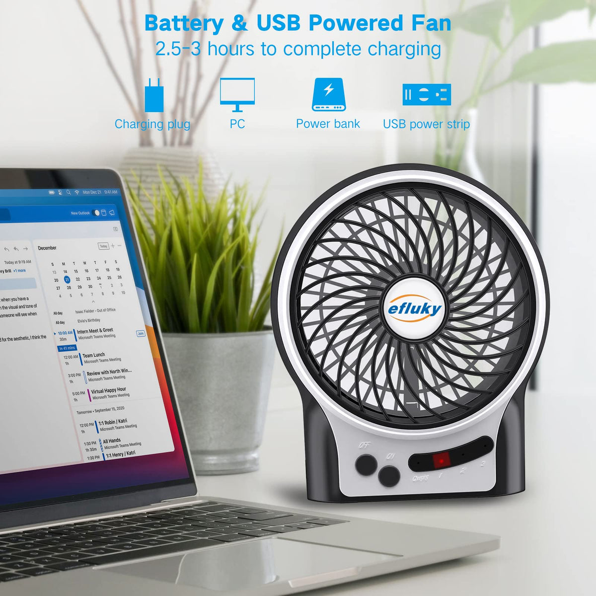 4.9-Inch Mini Desk Fan, 3 Speeds, Rechargeable USB Powered with LED Light, Black W49627