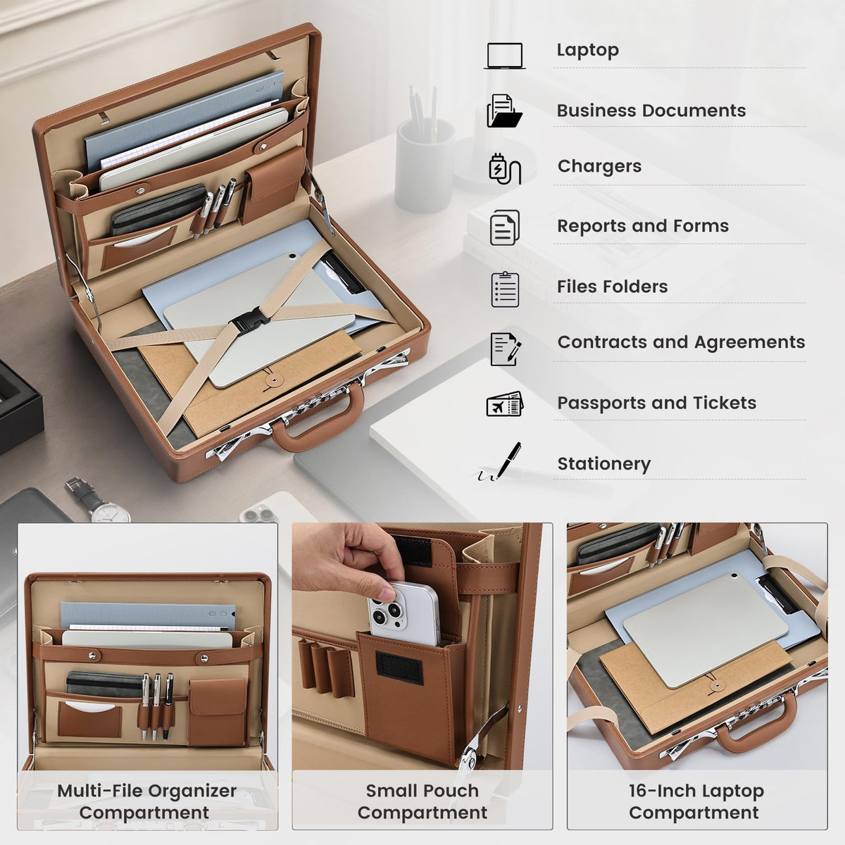 Brown Leather Briefcase with Lock for 16 Inch Laptop O96699