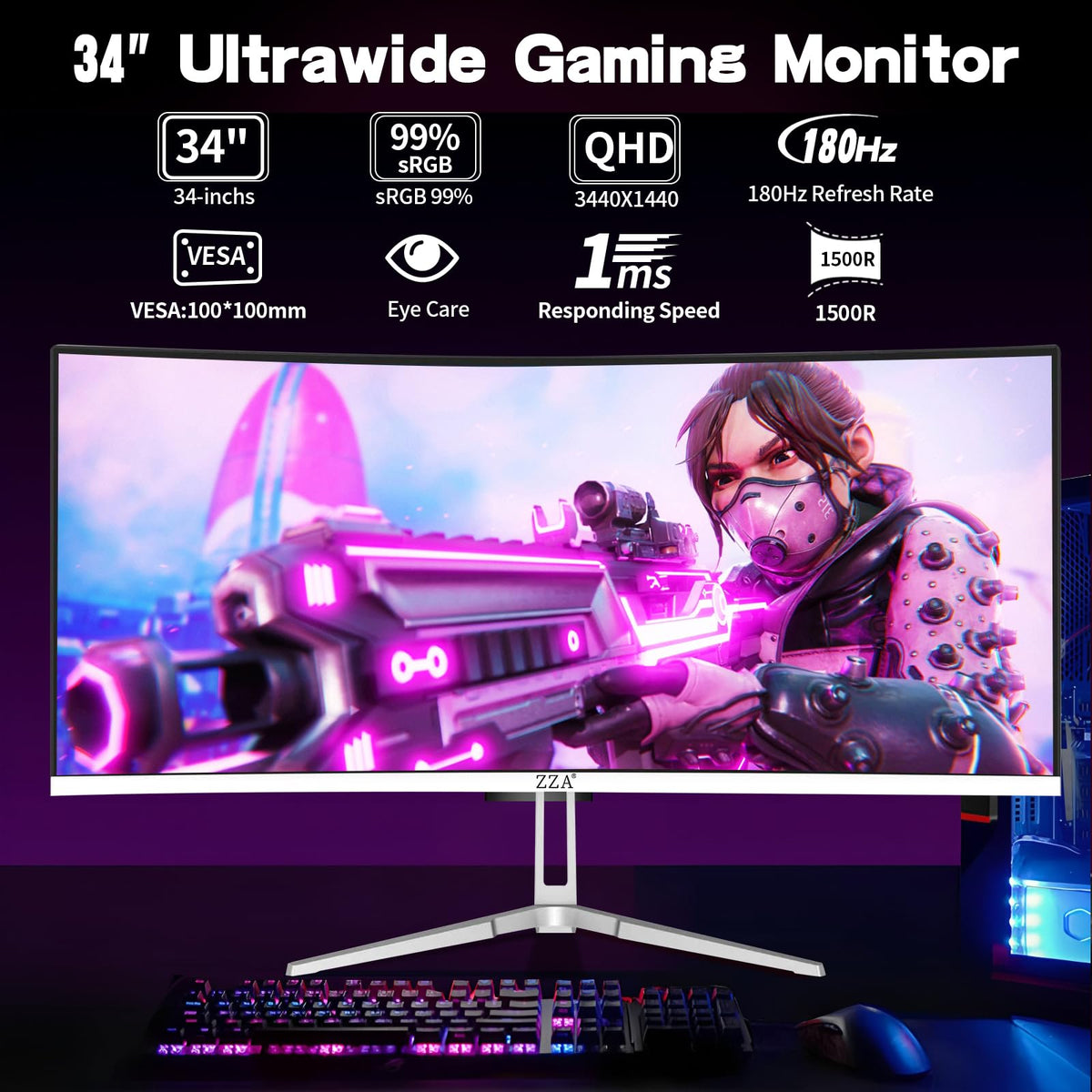34 Inch Curved 1500R WQHD 180hz VA Gaming Monitor Y734398