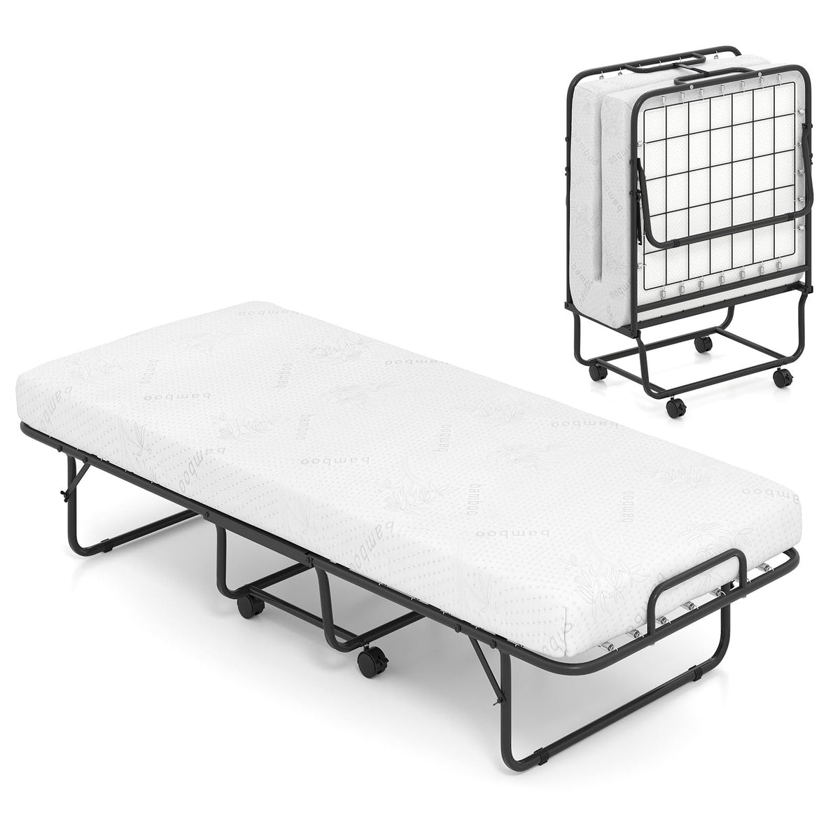Folding Bed with Mattress, Cot Size Gel Memory Foam Metal Frame I84592