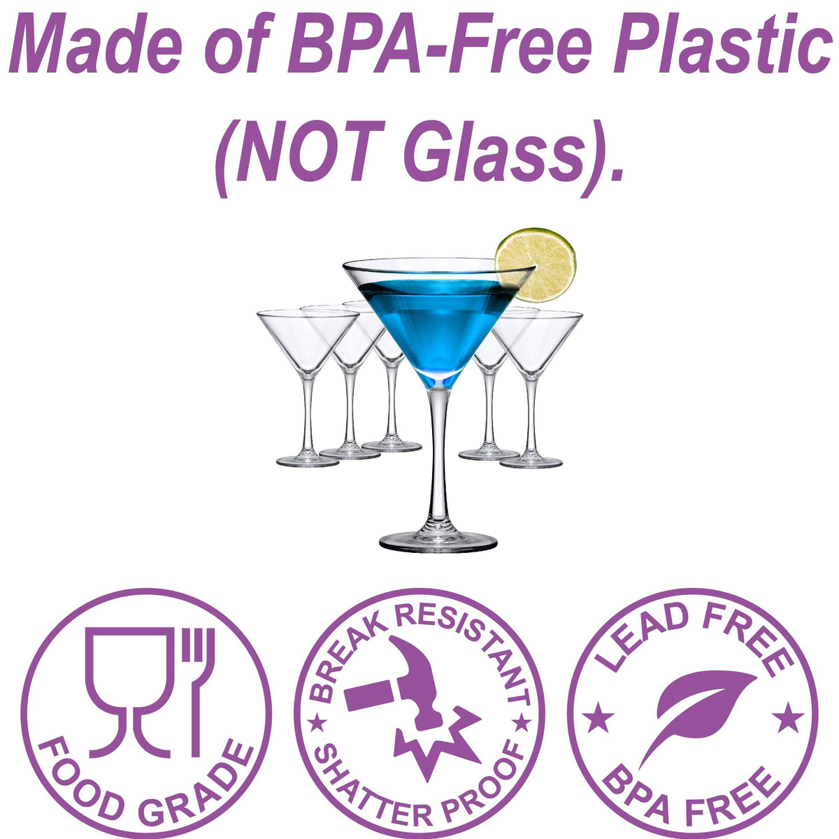 10-Ounce Plastic Martini Glasses Set of 6, Reusable, BPA-Free, Shatter-Proof, Dishwasher-Safe G442
