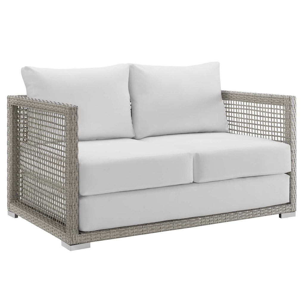 Gray White Wicker Rattan Loveseat with Cushions M916624