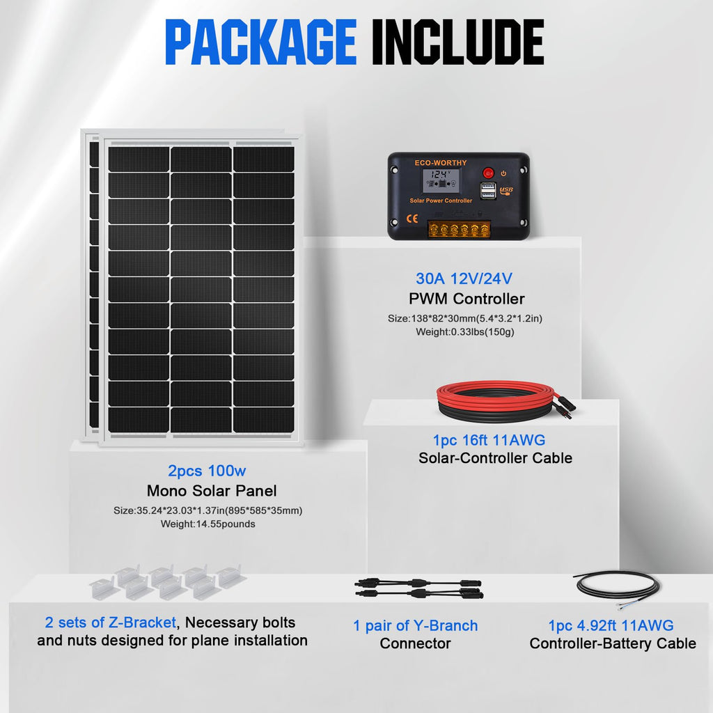 200 Watts 12 Volt/24 Volt Monocrystalline Solar Panel Kit with 30A PWM Charge Controller B9173