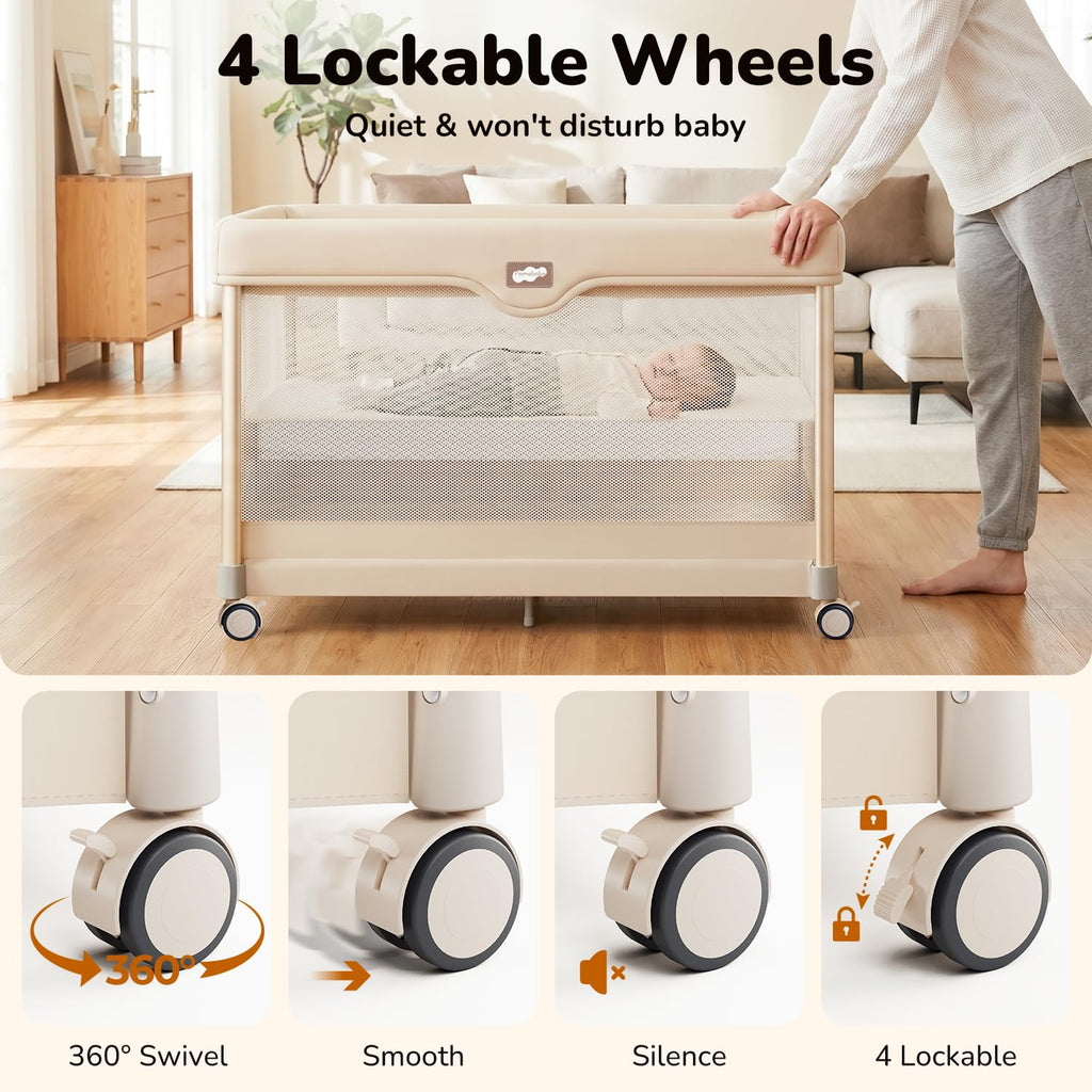 6-in-1 Pack and Play with Bassinet, Portable Playard, Travel Crib with Mattress, Changing Table, Storage Bag & 4 Wheels (Beige) S156