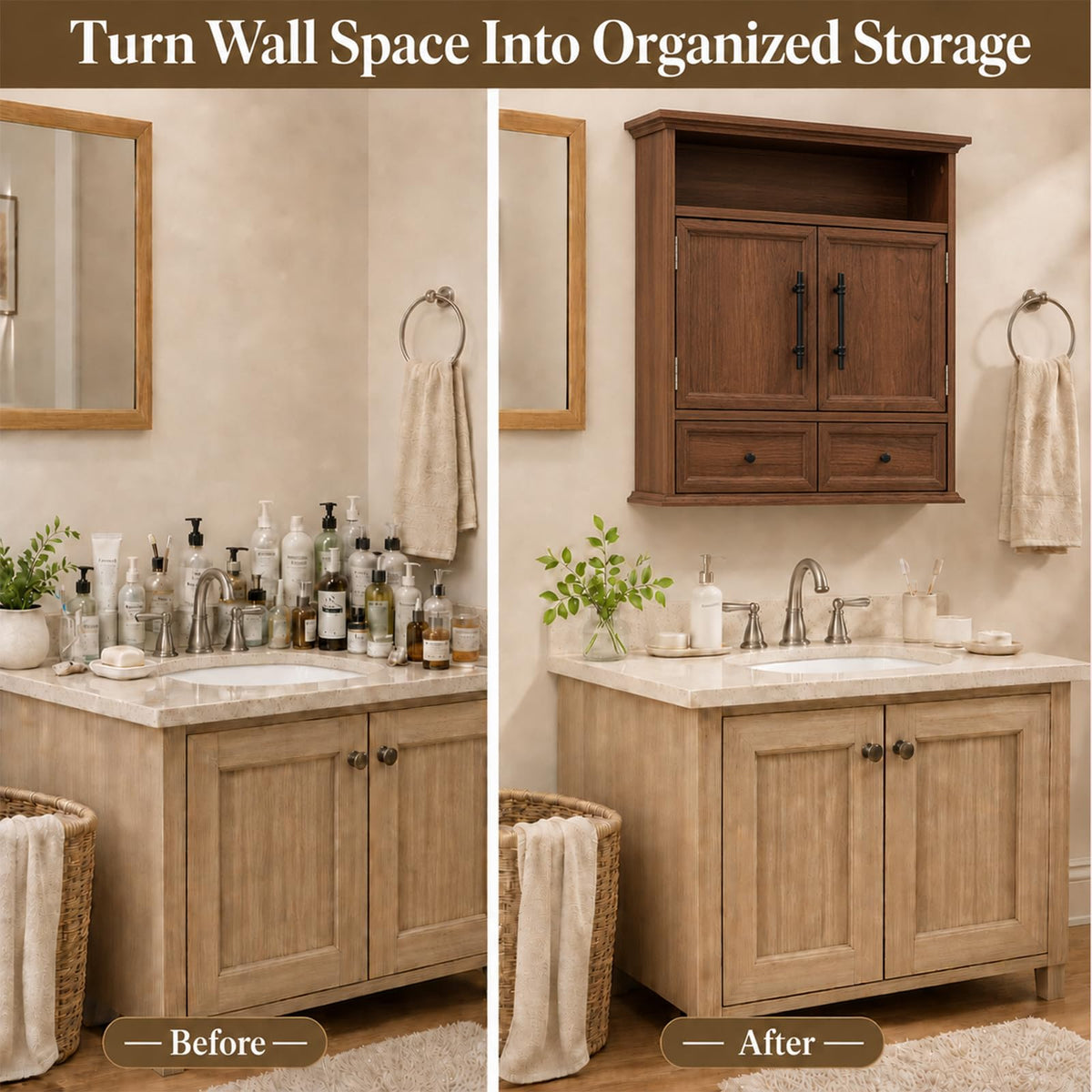 24" Wall Mounted Bathroom Storage Cabinet with Adjustable Shelf, Open Shelf, Double Doors and Drawer, Walnut P245875