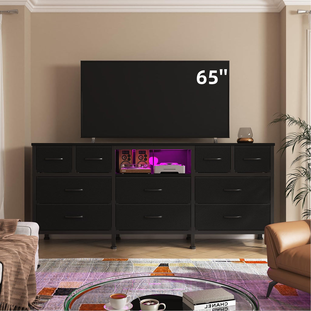 Black Dresser with LED Lights and Power Outlets, 10 Drawers Dresser H5221