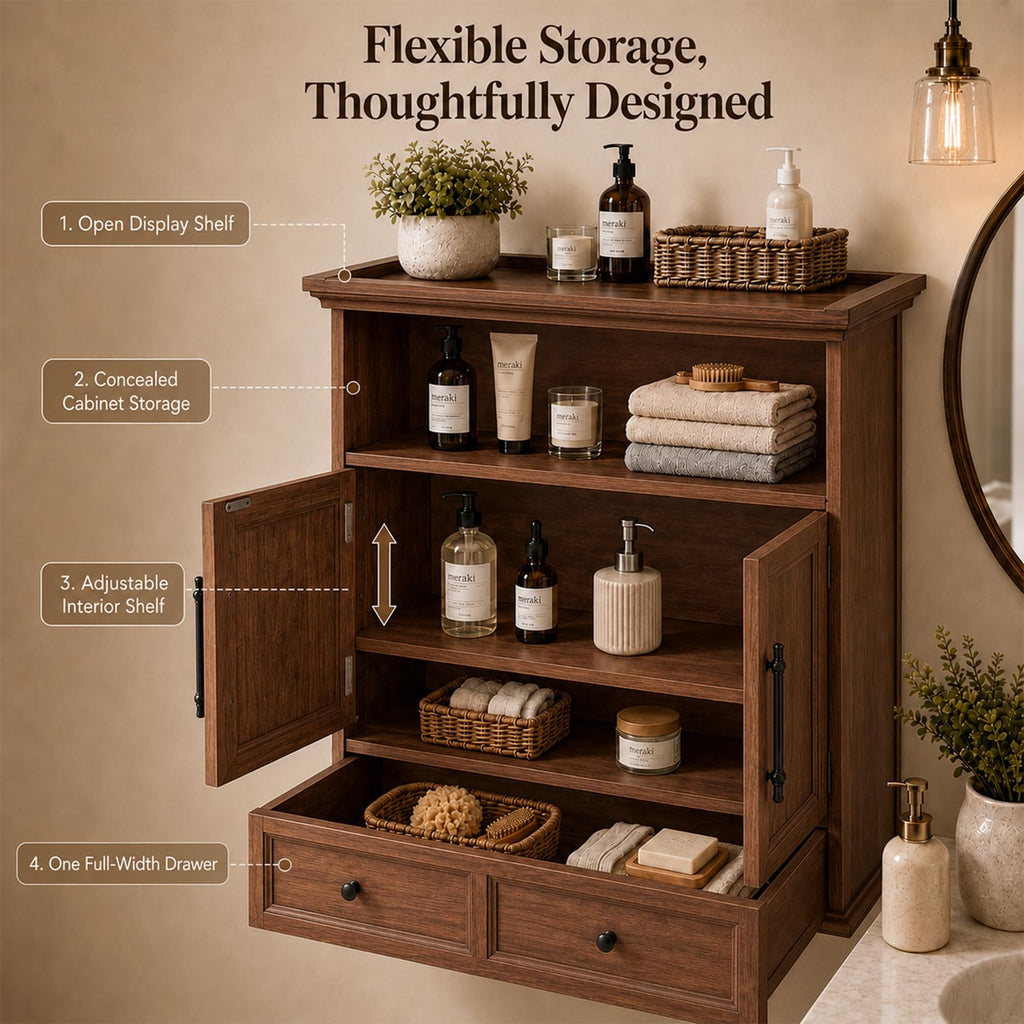 24" Wall Mounted Bathroom Storage Cabinet with Adjustable Shelf, Open Shelf, Double Doors and Drawer, Walnut P245875
