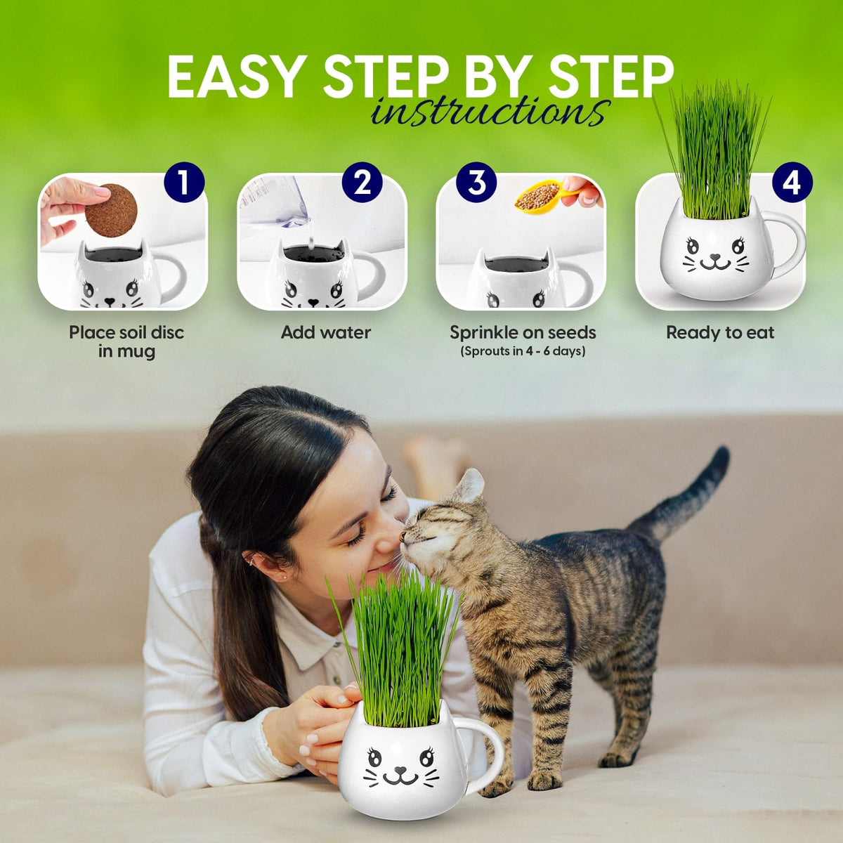 Cat Grass Growing Kit with Seeds, Soil & Ceramic Planter I2752