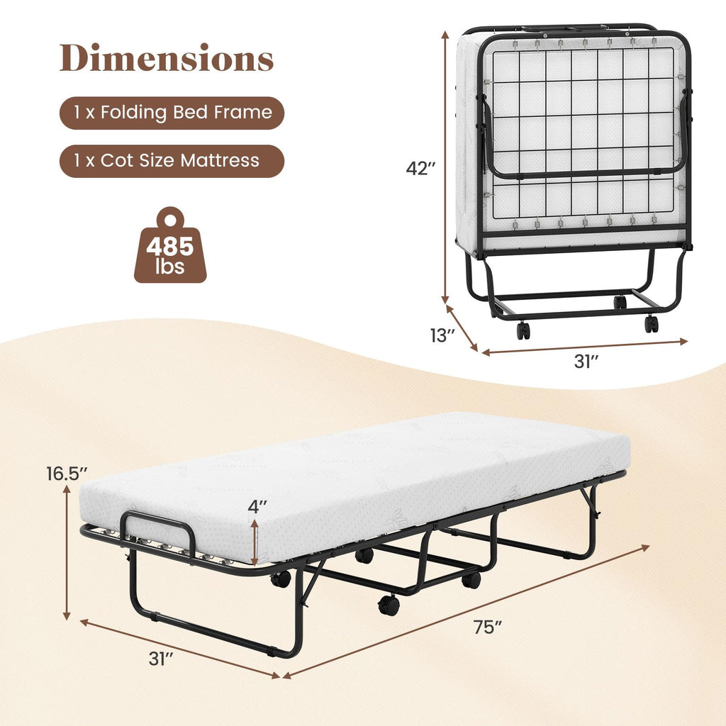 Folding Bed with Mattress, Cot Size Gel Memory Foam Metal Frame I84592