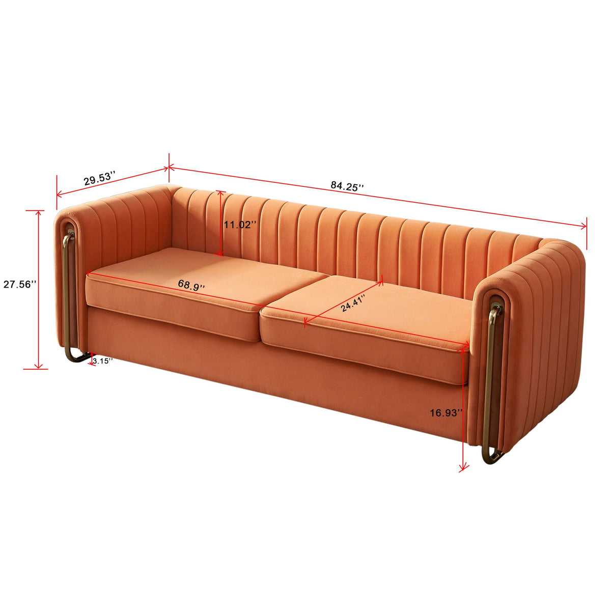 Velvet Sofa Couch, 3-Seater with Channel-Tufted Seats and Gold Steel Legs, Orange H928915