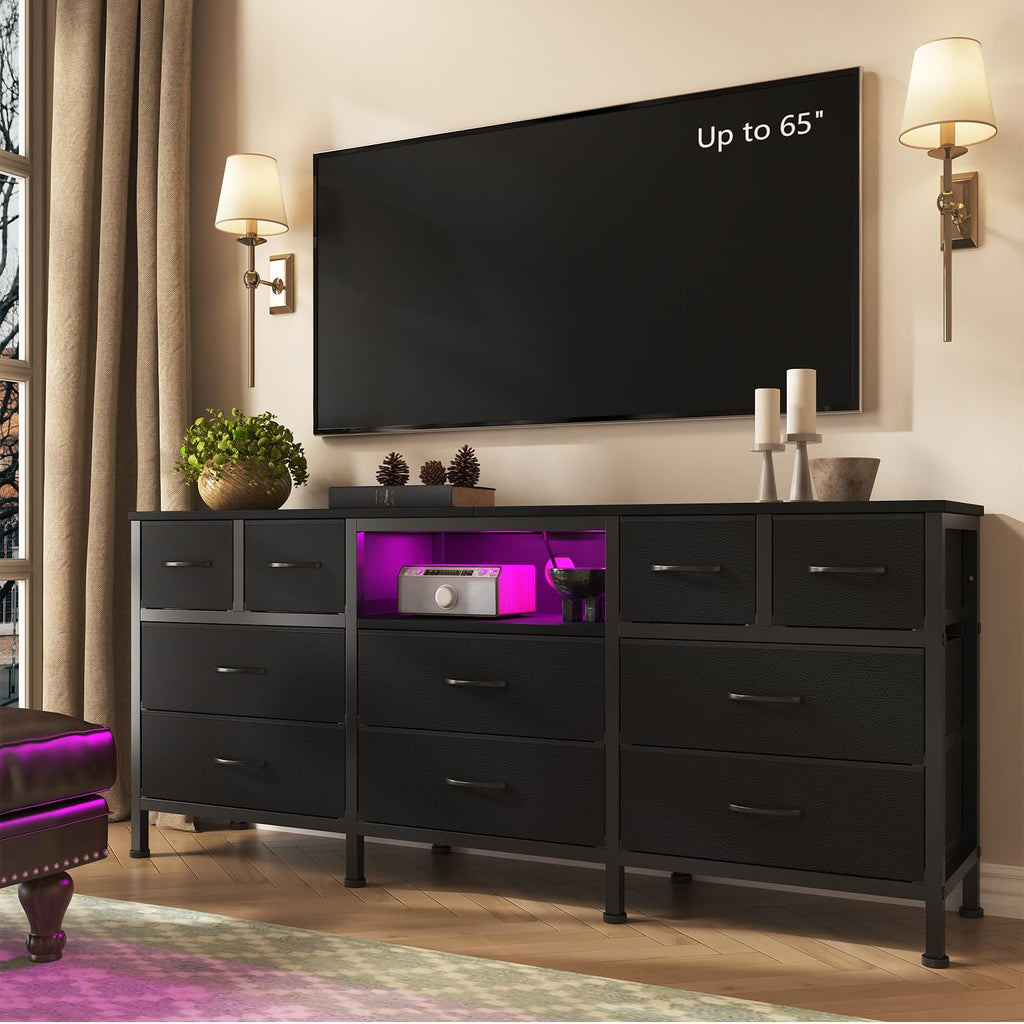 Black Dresser with LED Lights and Power Outlets, 10 Drawers Dresser H5221