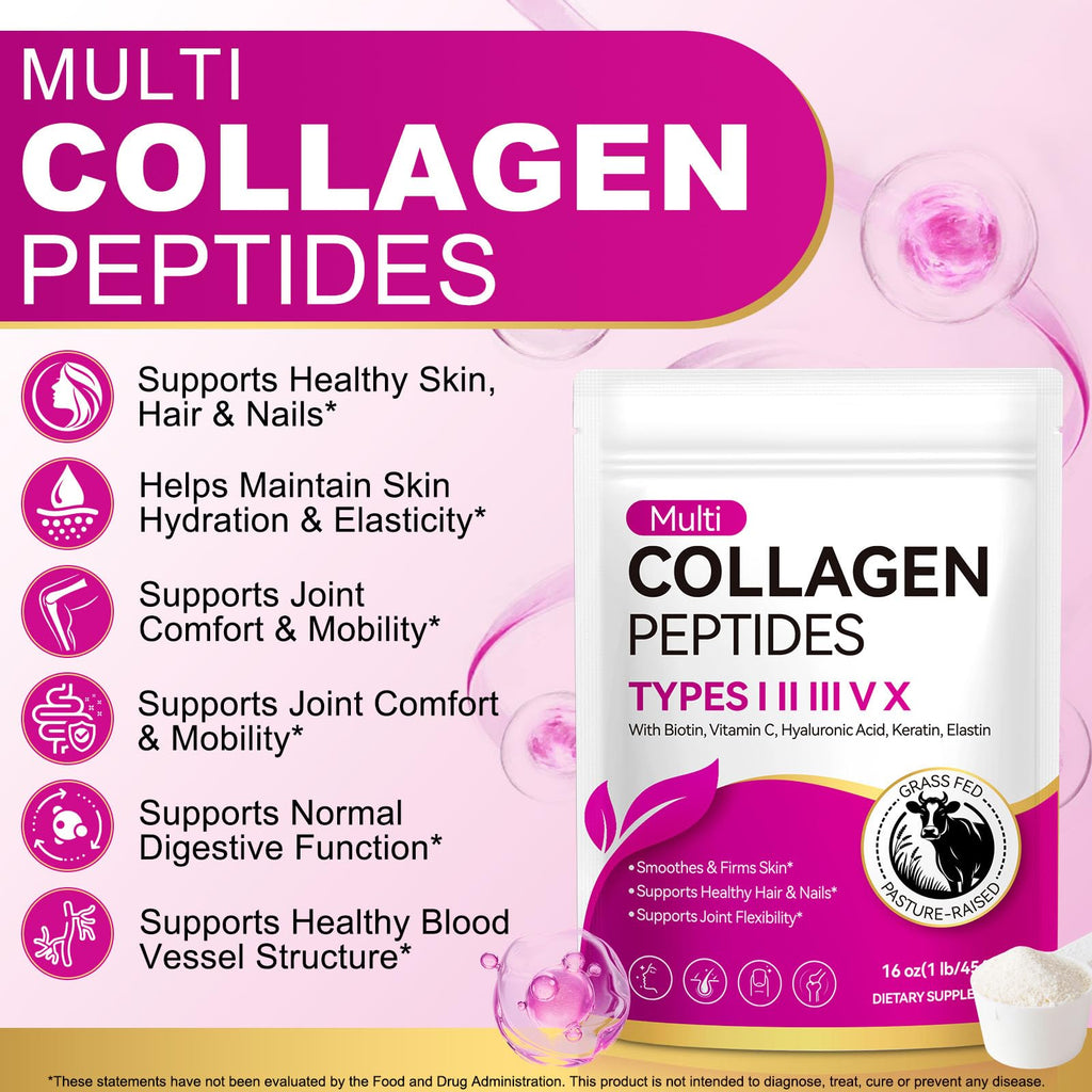 Multi Collagen Peptides Powder Type I II III V X 16oz Y919