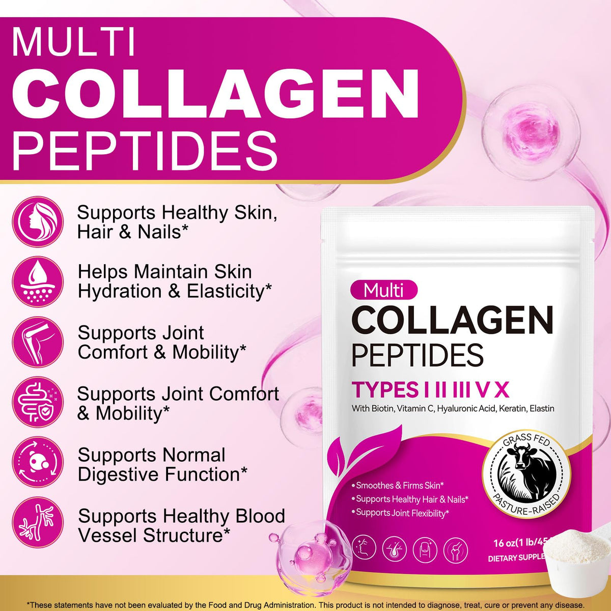 Multi Collagen Peptides Powder Type I II III V X 16oz Y919