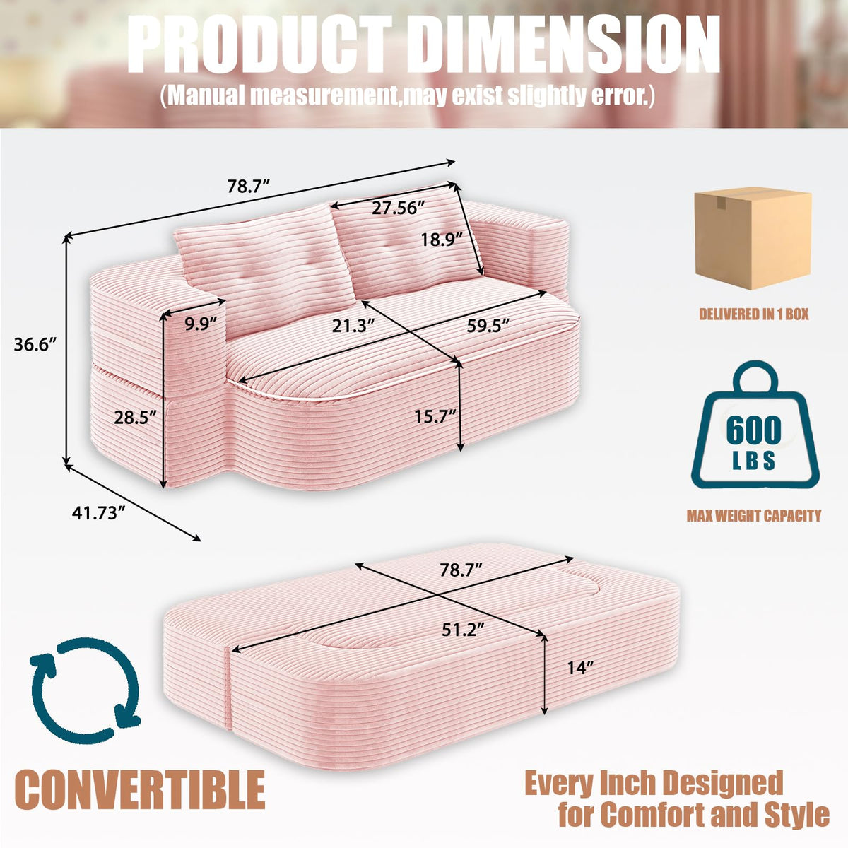 78.7" Pink Memory Foam Futon Sofa Bed D205703