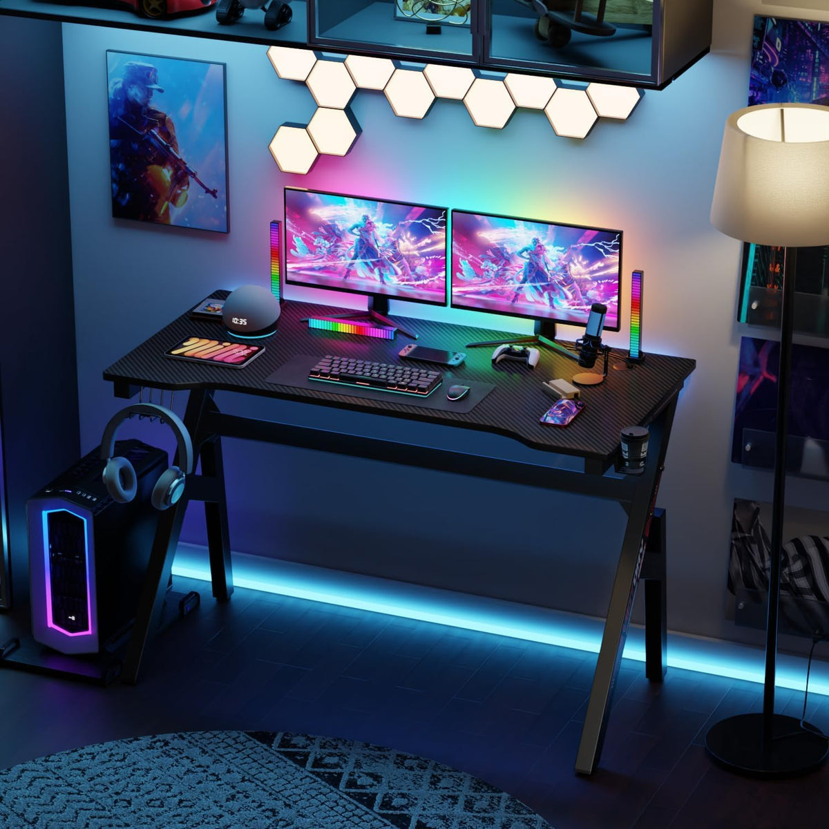 47 Inch Carbon Fiber Gaming Desk with Cup Holder and Headphone Hook X358878