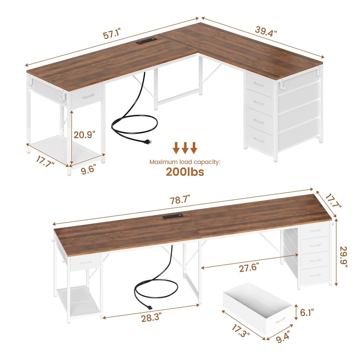 Brown White L Shaped Desk with 5 Drawers X57230