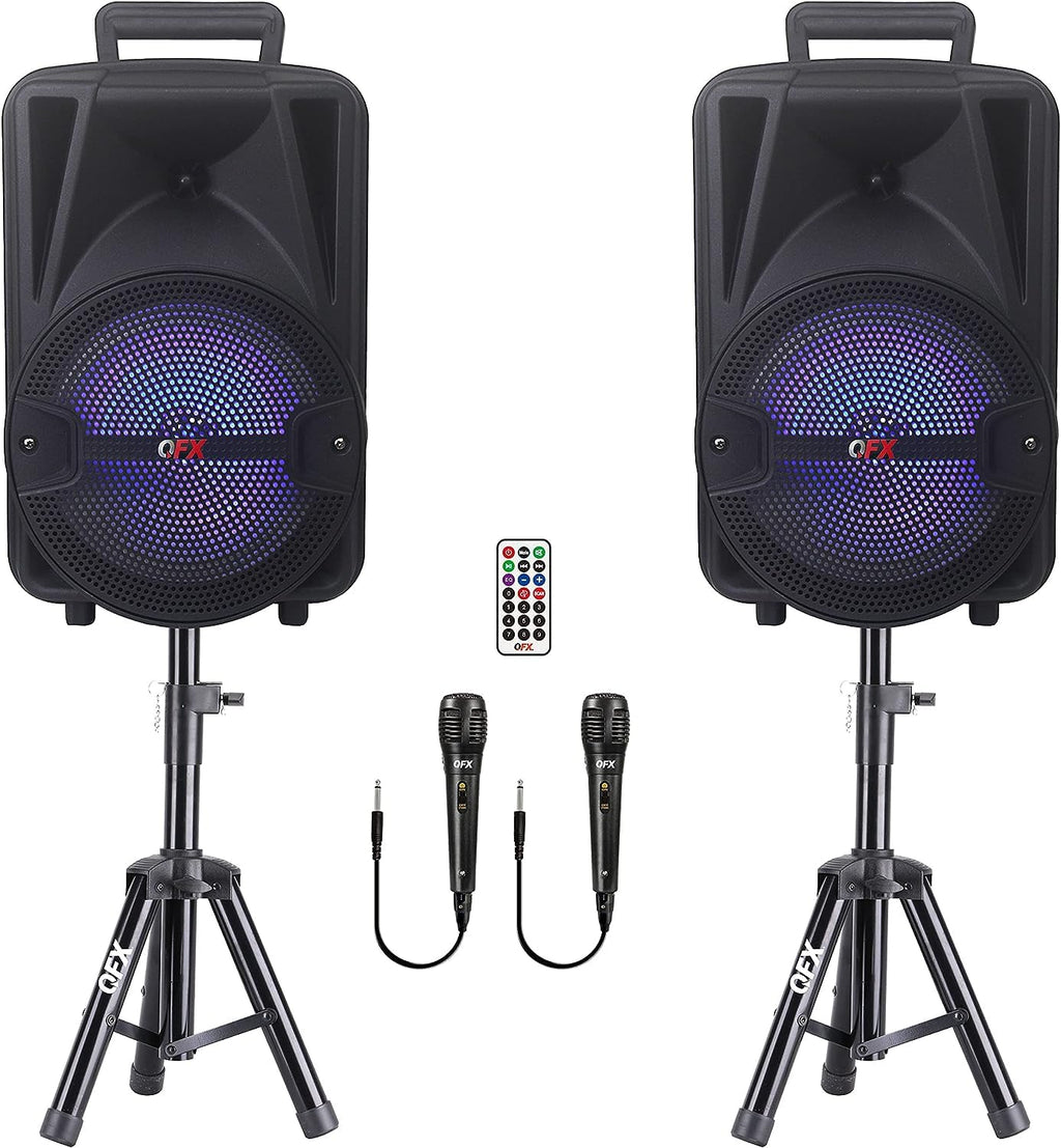 Dual 8" Powered PA Speaker System with Tripod Stands, Wired Mics and Remote W229411