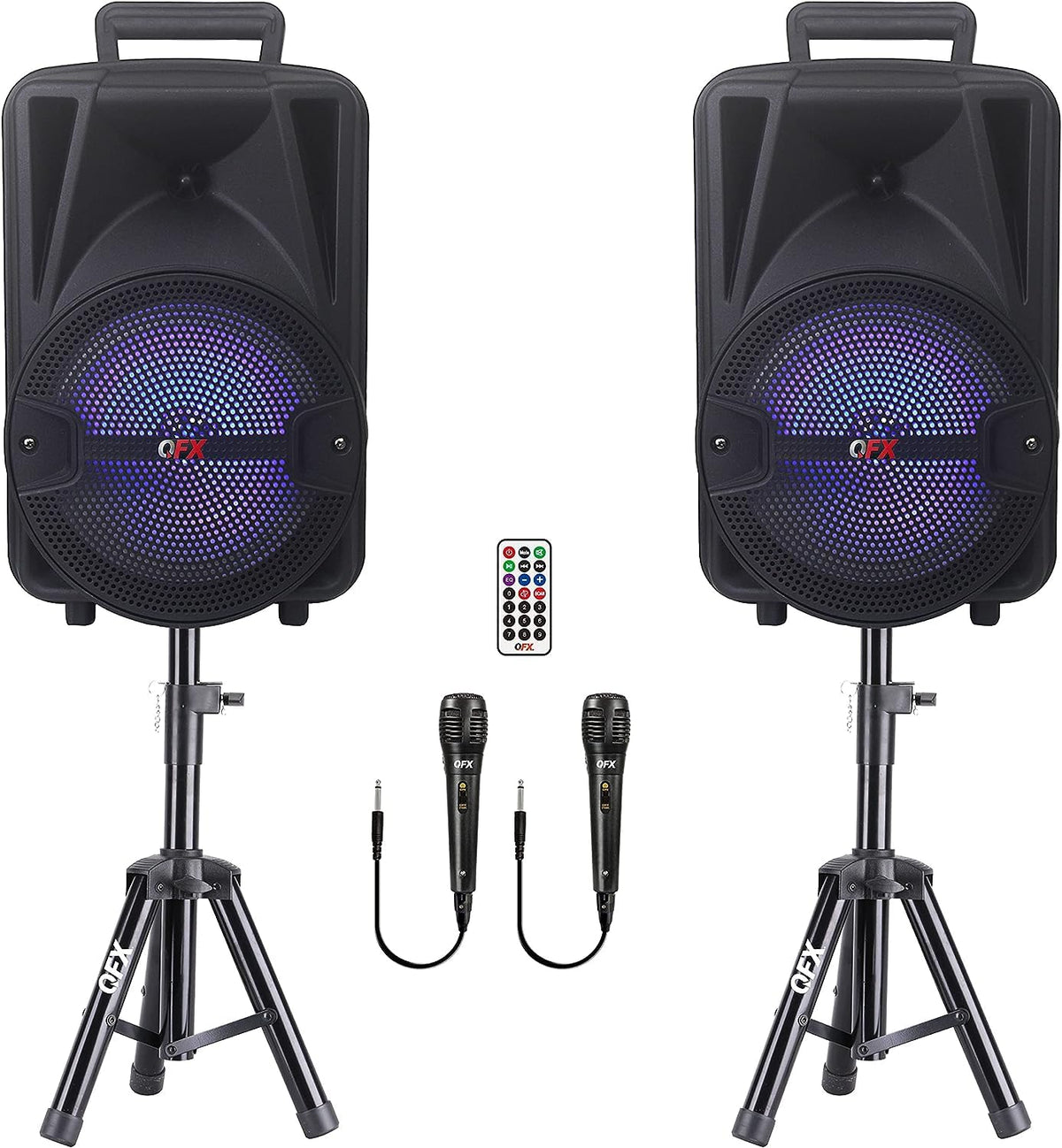Dual 8" Powered PA Speaker System with Tripod Stands, Wired Mics and Remote W229411