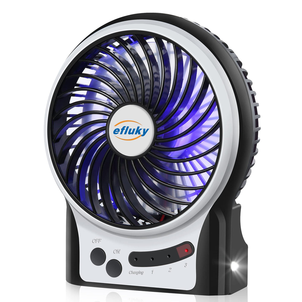 4.9-Inch Mini Desk Fan, 3 Speeds, Rechargeable USB Powered with LED Light, Black W49627