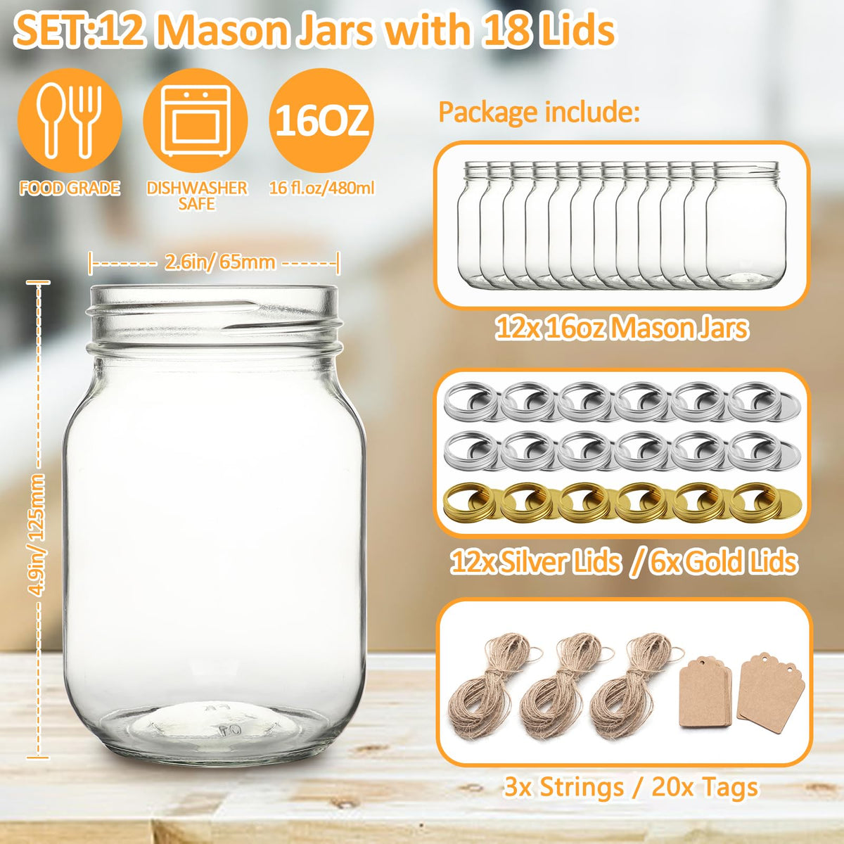 16 oz Wide Mouth Glass Mason Jars 12 Pack with Lids W91457
