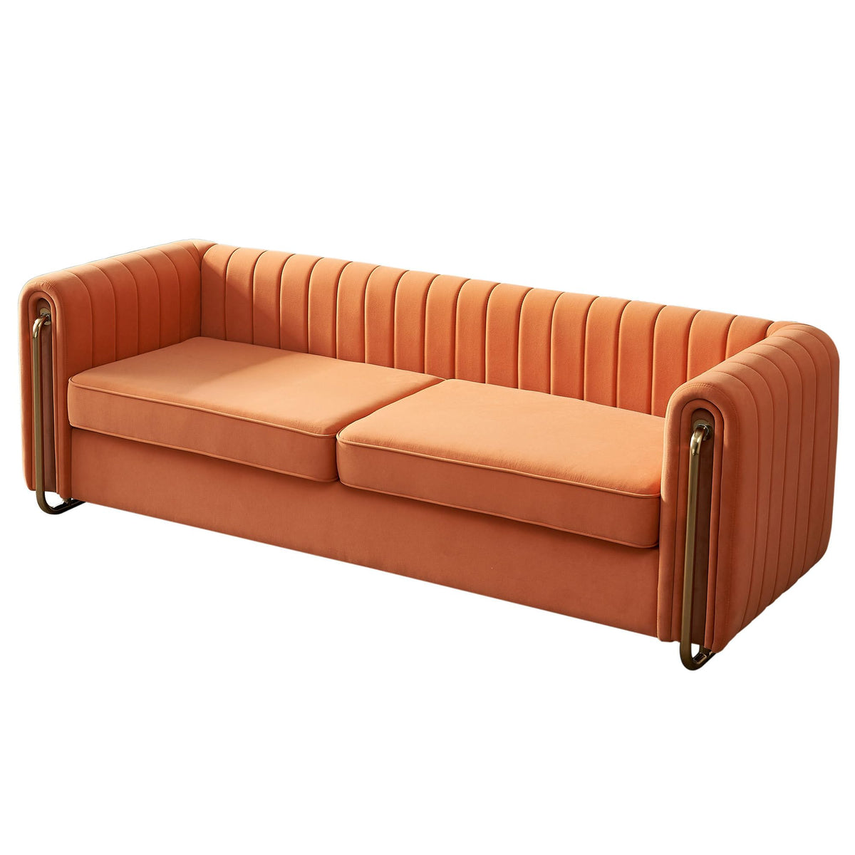Velvet Sofa Couch, 3-Seater with Channel-Tufted Seats and Gold Steel Legs, Orange H928915