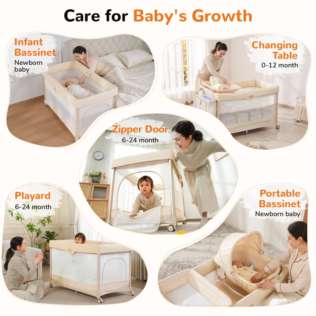 6-in-1 Pack and Play with Bassinet, Portable Playard, Travel Crib with Mattress, Changing Table, Storage Bag & 4 Wheels (Beige) S156