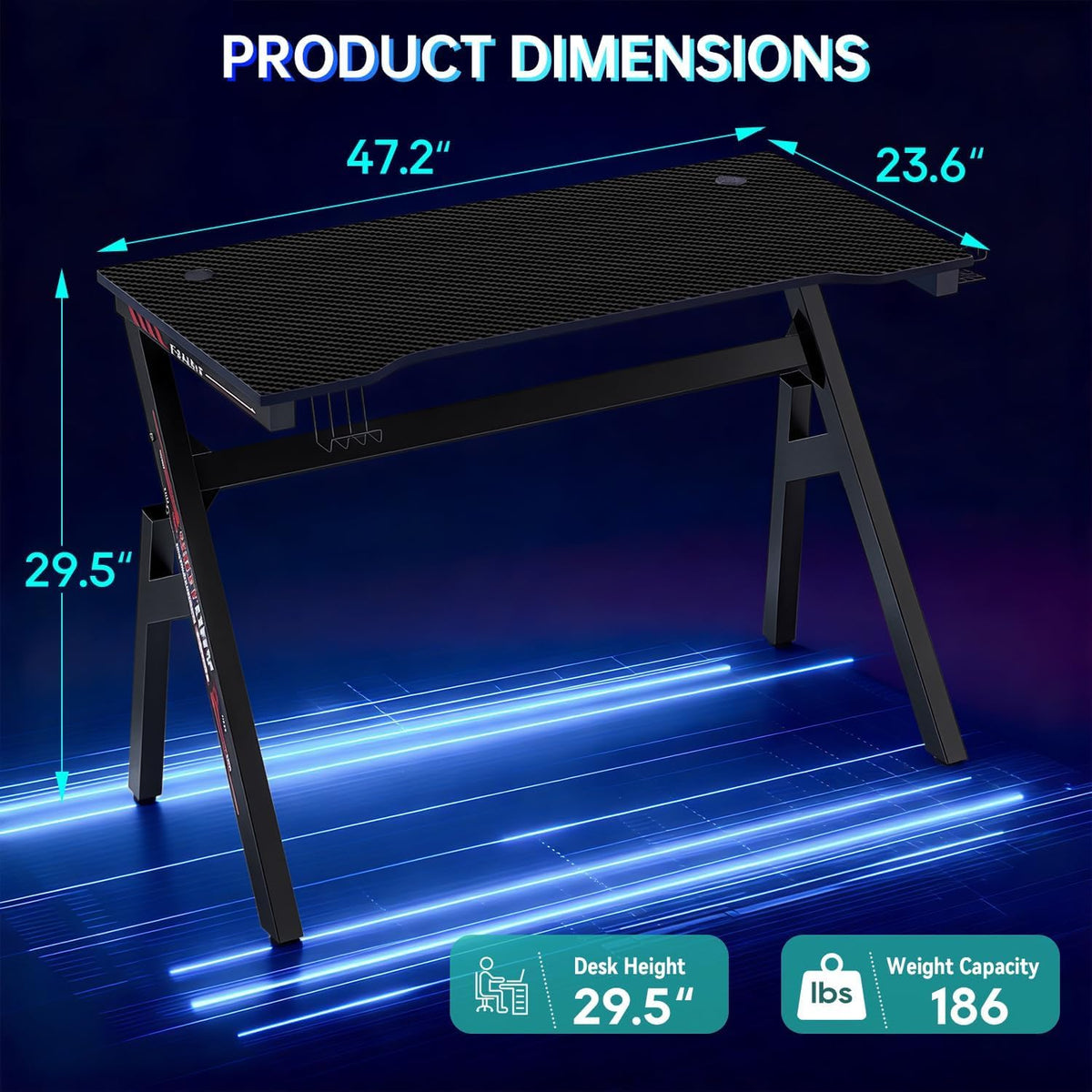 47 Inch Carbon Fiber Gaming Desk with Cup Holder and Headphone Hook X358878