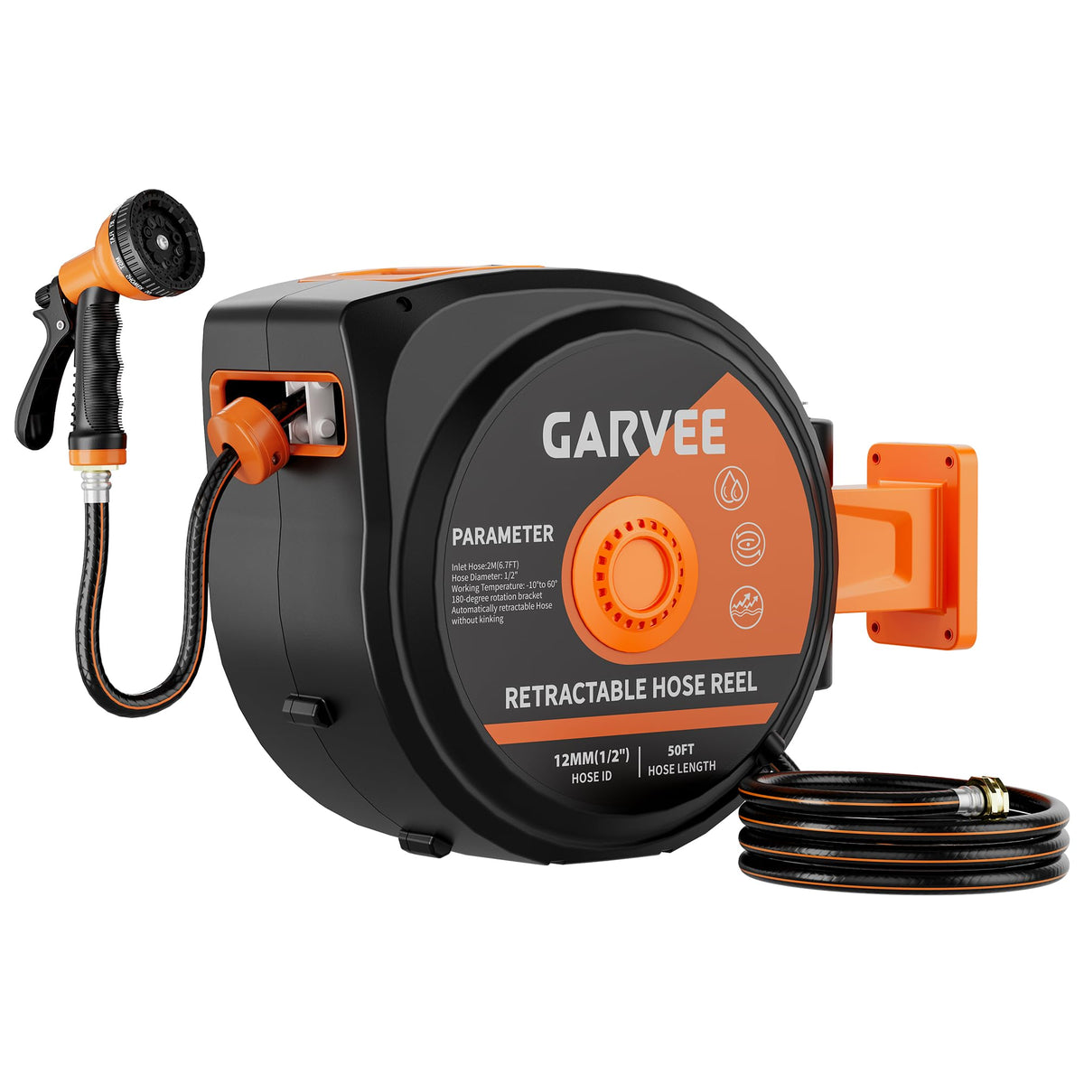 1/2 Inch x 50 ft Wall Mounted Garden Hose Reel with 10 Patterns Nozzle J57356