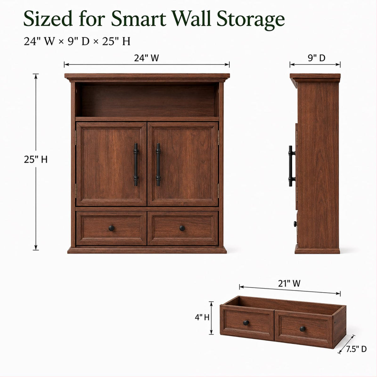 24" Wall Mounted Bathroom Storage Cabinet with Adjustable Shelf, Open Shelf, Double Doors and Drawer, Walnut P245875