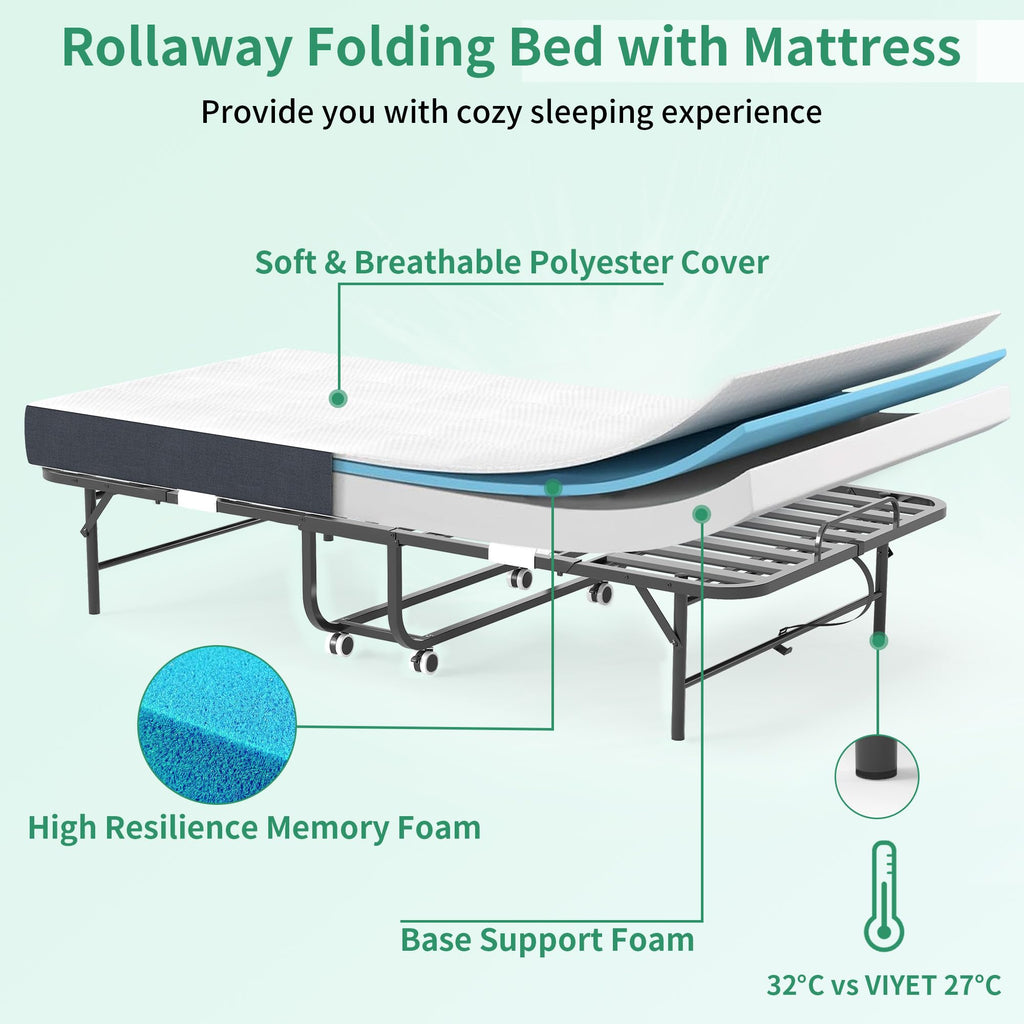 Folding Bed with Mattress, 5-Inch Memory Foam, 500lbs Capacity, Metal Frame T99698