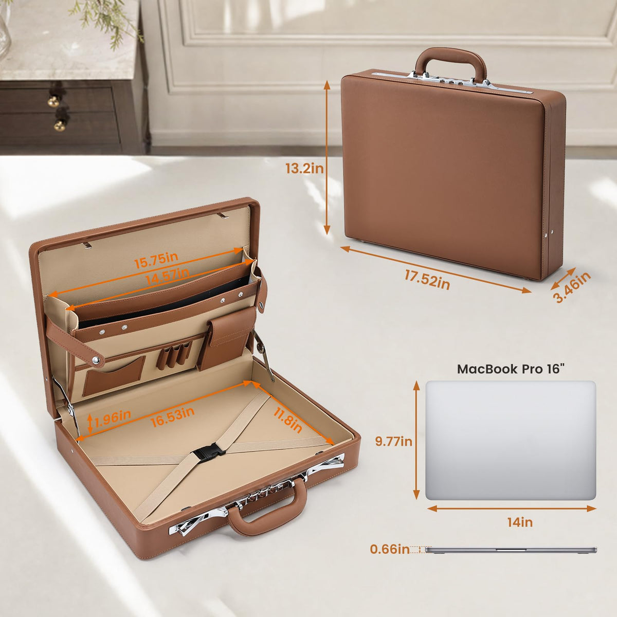 Brown Leather Briefcase with Lock for 16 Inch Laptop O96699