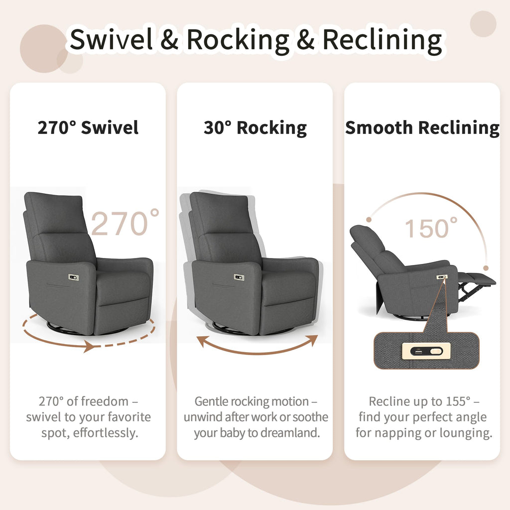 29" Electric Power Swivel Rocking Recliner Chair Dark Gray E61149