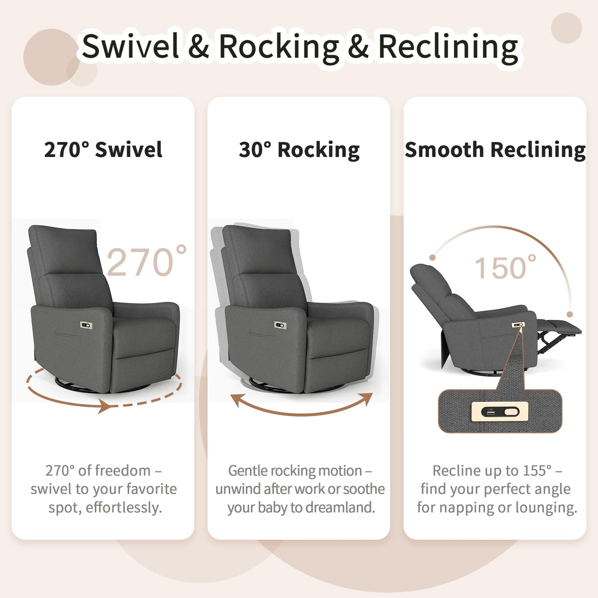 29" Electric Power Swivel Rocking Recliner Chair Dark Gray E61149