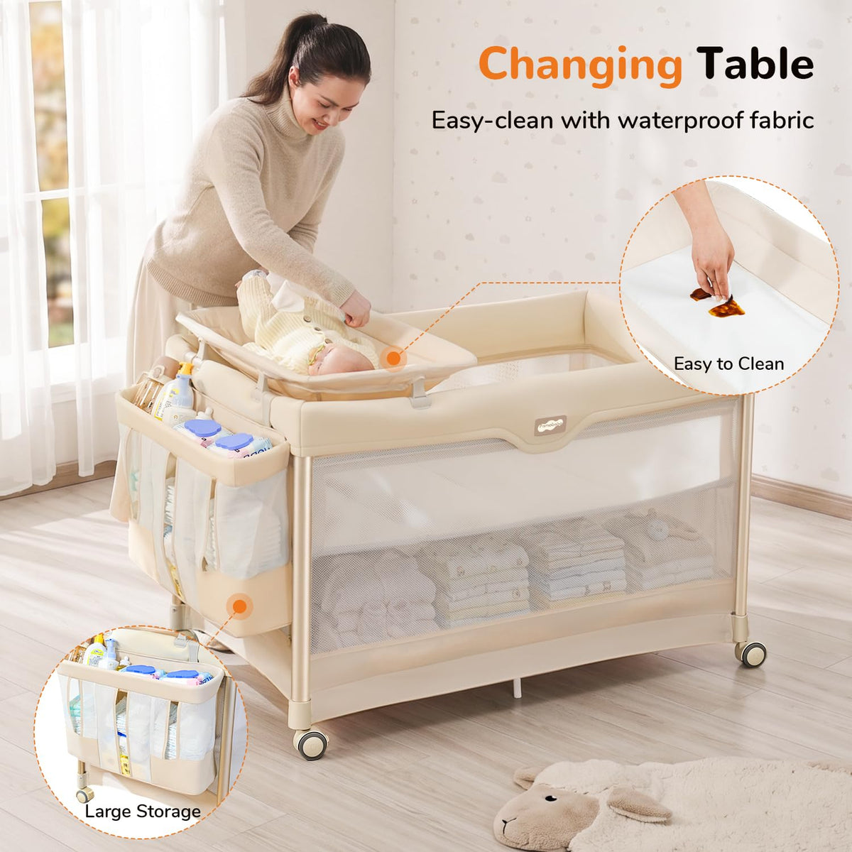 6-in-1 Pack and Play with Bassinet, Portable Playard, Travel Crib with Mattress, Changing Table, Storage Bag & 4 Wheels (Beige) S156