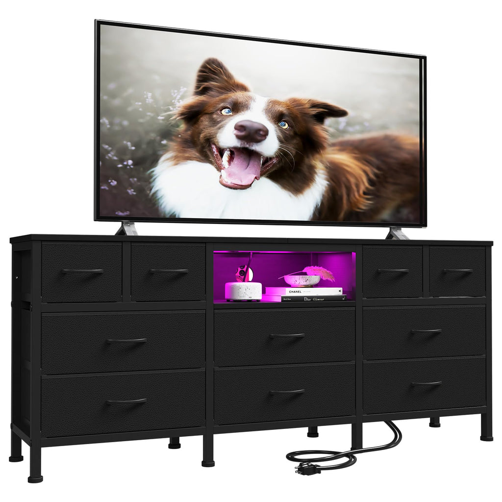 Black Dresser with LED Lights and Power Outlets, 10 Drawers Dresser H5221