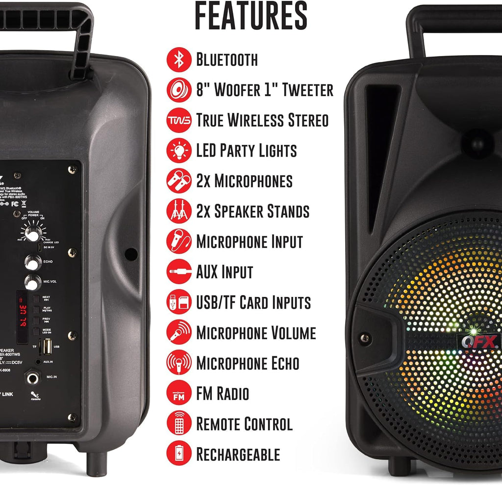 Dual 8" Powered PA Speaker System with Tripod Stands, Wired Mics and Remote W229411